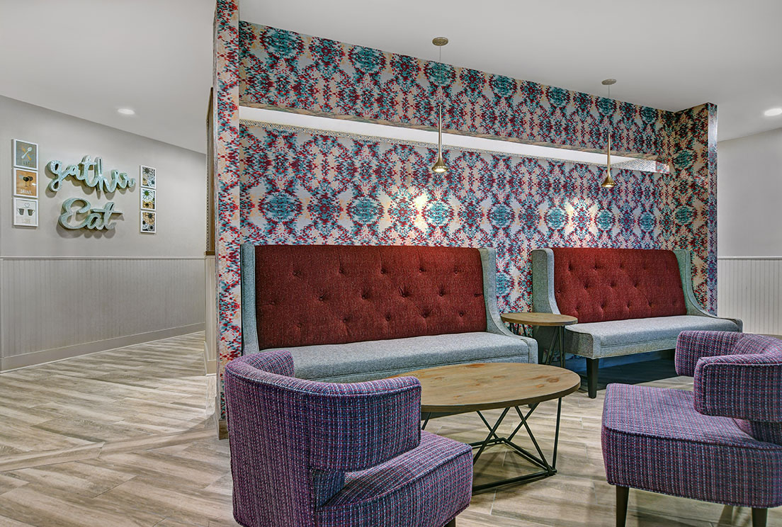 Infused lounge seating with patterned walls